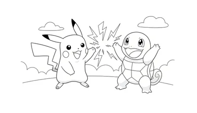 Zwart-wit kleurplaat van Pikachu en Squirtle die een elektrische 'high-five' doen, met bliksemschichten tussen hun omhooggestoken handen. Pikachu staat links, Squirtle rechts, beide lachend. Eenvoudige wolken op de achtergrond.