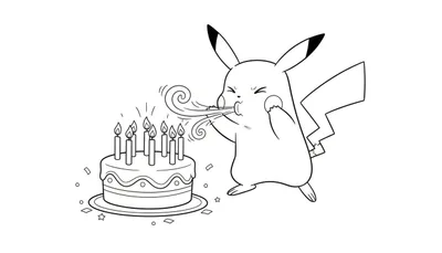 Kleurplaat van Pikachu die met gesloten ogen zeven brandende kaarsjes op een tweelaagse verjaardagstaart uitblaast, omringd door confetti.