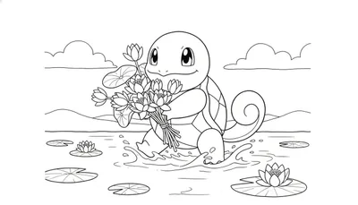 Zwart-wit kleurplaat van Squirtle, een lachende Pokémon, die in het water staat met een boeket waterlelies. Op de achtergrond heuvels en wolken.