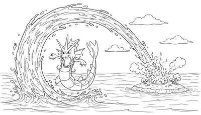 Kleurplaat van Pokémon Gyarados die een krachtige waterstraal afschiet op een brandend eiland in de zee, vol spetters en rook.