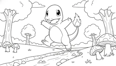 Zwart-wit kleurplaat van een vrolijke Charmander met vlam op staart, rennend door een natuurlijke bosrijke omgeving met bomen, paddenstoelen, een kronkelend beekje en wolken.