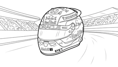 Zwart-wit kleurplaat van een gedetailleerde Red Bull Formule 1 racehelm met sponsorlogo's (o.a. Oracle, Honda, Esso) op een racebaan, met tribunes en publiek op de achtergrond.