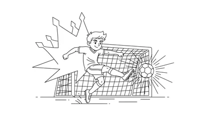 Zwart-wit lijntekening kleurplaat van een lachende jongen in voetbaltenue die een bal krachtig in een voetbaldoel schopt, met explosie- en kroonachtige vormen op de achtergrond die overwinning symboliseren. Thema: Excelsior.
