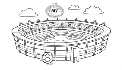 Zwart-wit lijntekening van een PSV voetbalstadion kleurplaat, gezien van bovenaf en schuin. Toont het veld, tribunes vol lachende fans, een voetbal, wolken en het PSV-logo met 'EST 1913' en twee sterren.