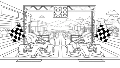 Zwart-wit kleurplaat van een racecircuit met twee Red Bull raceauto's vooraan, een startlichtsysteem, juichende toeschouwers, finishvlaggen en bergen op de achtergrond, klaar voor de start.