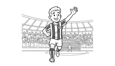 Zwart-wit kleurplaat van een vrolijke ADO Den Haag voetballer die zwaait naar juichende supporters op de tribune in een voetbalstadion, met een keeper in het doel.