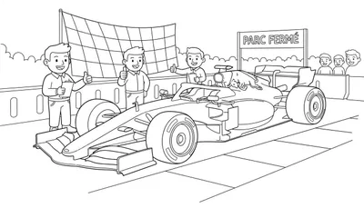 Zwart-wit lijntekening van een Red Bull Formule 1-auto in Parc Fermé, met twee teamleden die juichend hun duim opsteken, en een geblokte finishvlag.
