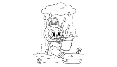 Labubu kleurplaat van een vrolijk rennend konijn-eenhoorn figuur in de regen, met een emmer water en bloemetjes op de grasgrond.