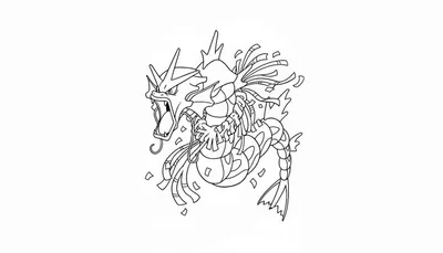 Lijntekening van Mega Gyarados met open bek, scherpe tanden, puntige hoorns en zwevende linten, perfect als kleurplaat.