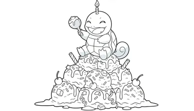 Zwart-wit kleurplaat van een vrolijke Squirtle met een brandend kaarsje op zijn hoofd en een snoepje in zijn poot, zittend op een rijkelijk versierde ijshoop met strooisels, kersen en wafelrolletjes, met gesmolten ijs aan de onderkant.