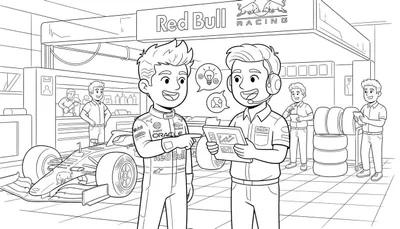 Kleurplaat van een Red Bull Racing Formule 1 garage met teamleden die strategie bespreken bij een F1-auto, banden en gereedschap. Het Red Bull RACING logo is prominent aanwezig.