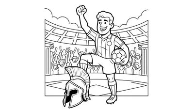 Kleurplaat van een juichende Sparta Rotterdam voetballer, met een voetbal en zijn voet op een Spartaanse helm, tegen de achtergrond van een vol stadion met juichend publiek.