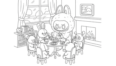 Zwart-wit Labubu kleurplaat van een gezellig theekransje: zes diverse figuren (waaronder een wit konijn, een Labubu-achtig monster met konijnenoren, een robot en teddyberen) zitten rond een tafel met thee en taart, in een kamer met een raam en open haard.