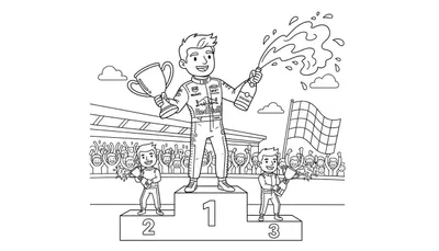 Kleurplaat van een Red Bull Formule 1 winnaar op het podium die champagne spuit en een trofee vasthoudt, geflankeerd door twee andere coureurs, met juichende toeschouwers en een finishvlag op de achtergrond.