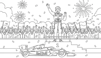 Zwart-wit kleurplaat van een Red Bull Formule 1 coureur (Max Verstappen) op een podium, juichend na een overwinning, met F1 auto #1, publiek, confetti en vuurwerk.