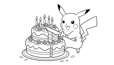 Zwart-wit kleurplaat van een lachende Pikachu die een tweelaagse verjaardagstaart met zes brandende kaarsjes en bessen aansnijdt, met een mes in zijn hand.