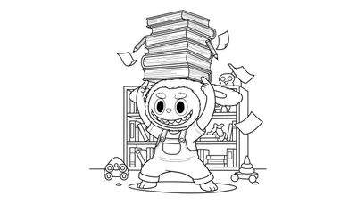 Kleurplaat van Labubu, een schattig aap-konijn figuurtje met grote oren, dat een stapel boeken op zijn hoofd balanceert. Op de achtergrond is een boekenkast te zien en op de vloer liggen speelgoedstukken zoals een autootje en een stapeltoren.