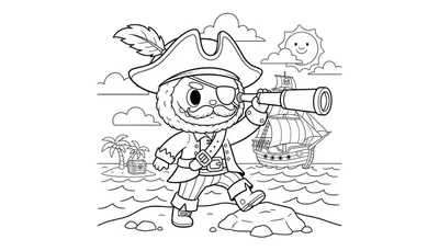 Kleurplaat van een vrolijke Labubu-stijl piraat met ooglapje, hoed en verrekijker, staand op een rots in de zee, met een eiland met palmbomen en schatkist links en een piratenschip met doodshoofdsvlag rechts, onder een lachende zon.
