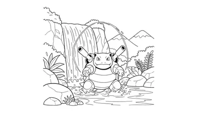 Kleurplaat van Blastoise in water die water schiet bij een waterval, omringd door rotsen, planten en bergen op de achtergrond.
