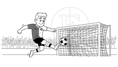 Zwart-wit kleurplaat van een lachende jongen in een Feyenoord-voetbaltenue die springend een doelpunt scoort, met de bal in het net en juichende fans op de achtergrond. Rechtsboven een vaag 'F'-logo.