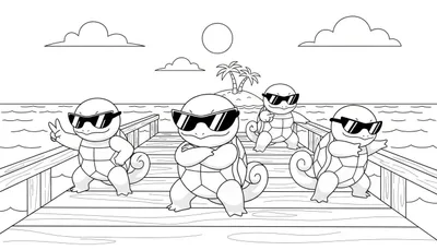 Zwart-wit lijntekening kleurplaat van vier cartoonachtige schildpadden, lijkend op Squirtle, met zonnebrillen. Ze staan op een houten pier boven golvend water. Op de achtergrond is een eiland met twee palmbomen te zien, en in de lucht drie wolken met een lege cirkel voor de zon/maan. De schildpadden