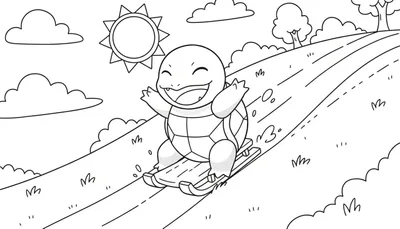 Zwart-wit kleurplaat van vrolijke Squirtle Pokémon op slee die van een helling glijdt, met gras, bomen, zon en wolken op de achtergrond.
