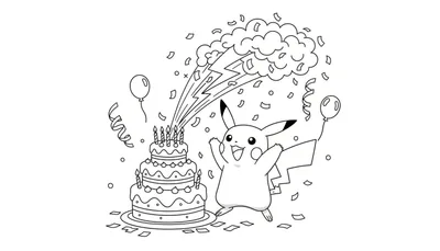 Zwart-wit kleurplaat van een vrolijke Pikachu die feestviert bij een drielaagse verjaardagstaart met kaarsjes, confetti, ballonnen en bliksemschichten.