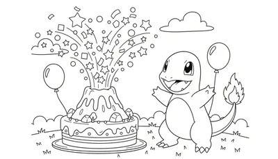 Zwart-wit kleurplaat van een vrolijke Charmander die een feestje viert met een taart, ballonnen, en confetti op een grasveld met wolken.