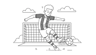 Zwart-wit kleurplaat van een dynamische jongen met krullend haar die in FC Groningen-stijl voetbaltenue een bal trapt richting een doel, met wolken op de achtergrond.
