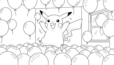 Kleurplaat van Pikachu die vrolijk springt tussen een overvloed aan feestelijke ballonnen in een kamer met een raam.