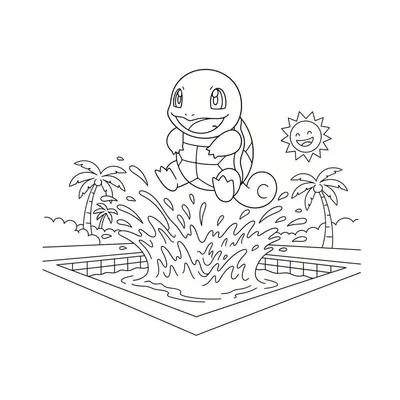 Kleurplaat van een lachende Squirtle-achtige schildpad die met een grote plons in een zwembad duikt, omringd door opspattend water, palmboomen en een vrolijke zon.