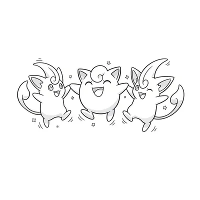 Zwart-wit kleurplaat van dansende Pokémon: Cleffa, Jigglypuff en Igglybuff houden elkaars hand vast, lachend en omringd door sterren en vierkantjes.