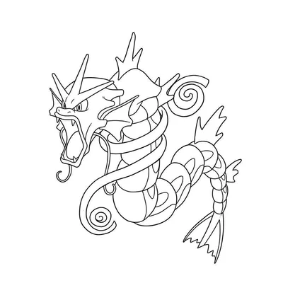 Lijntekening van de Pokémon Gyarados, brullend afgebeeld met open bek, hoorns en kronkelend lichaam, als zwart-witte kleurplaat.