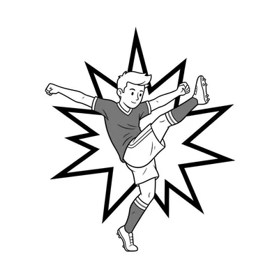 Cartoon kleurplaat van een lachende jonge AZ-voetballer in dynamische schop-actie, met een explosief effect op de achtergrond. Zijn voetbalshirt is grijs ingekleurd.