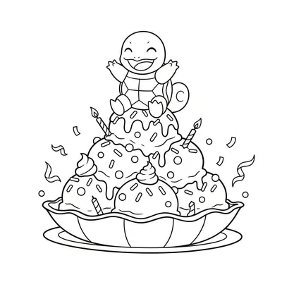 Kleurplaat van lachende Squirtle op een feestelijke ijscoupe met brandende verjaardagskaarsjes, hagelslag, saus, slingers en confetti in een kom op een schotel.