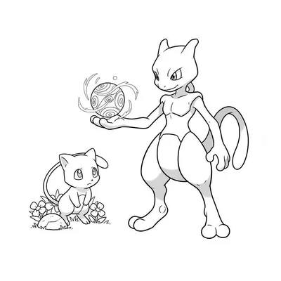 Zwart-wit kleurplaat van Mewtwo die een wervelende energiebol vasthoudt, met de kleine Mew die nieuwsgierig omhoog kijkt, omringd door bloemen en gras.