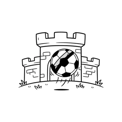 Zwart-wit cartoon kleurplaat van een kasteel met drie torens en kantelen, met een voetbal die stuitert in de boogpoort van de middentoren. Onderwerp: NAC Breda.