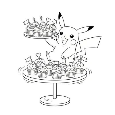 Zwart-wit kleurplaat van een vrolijke Pikachu die een dienblad met feestelijke cupcakes vasthoudt, met extra cupcakes op een standaard eronder, versierd met kaarsjes, vlaggetjes, hartjes en sterretjes.