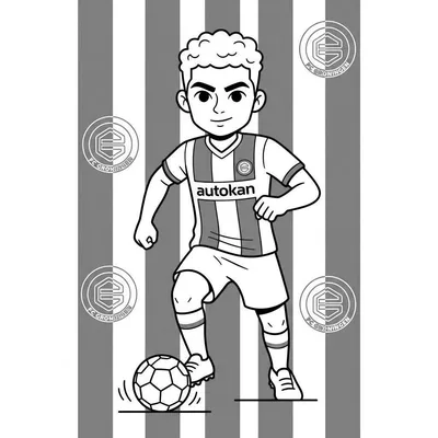 Zwart-witte kleurplaat van een jonge FC Groningen voetballer met krullend haar die de bal dribbelt met zijn linkervoet. Hij draagt een gestreept shirt met 'autokan' en witte broek, met FC Groningen logo's op de achtergrond.