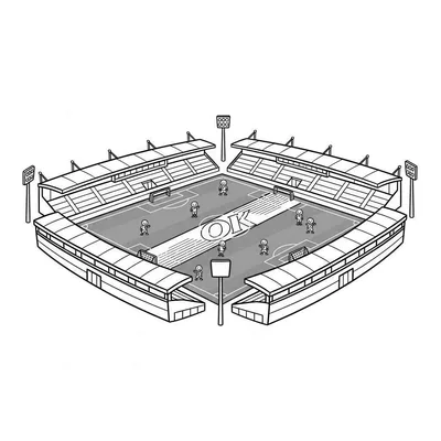 Zwart-wit lijntekening van een NAC Breda voetbalstadion vanuit vogelvluchtperspectief met voetbalveld, spelers, doelen, lichtmasten en een groot 'OK' met strepen op het veld.