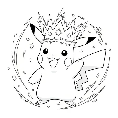 Lachende Pikachu kleurplaat met een kroon van bliksem en sterren, omringd door dynamische energie-uitbarstingen.