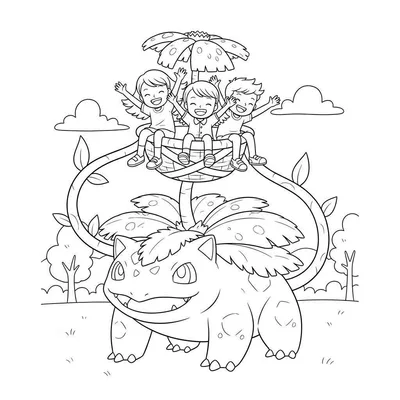 Kleurplaat van een lachende Venusaur met drie juichende kinderen in een grote bloem op zijn rug, omringd door ranken en een buitenlandschap.