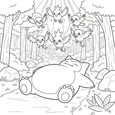 Zwart-wit lijntekening kleurplaat van een slapende Snorlax in een bos, omringd door zes boze vogels die rondvliegen en hem proberen wakker te maken. Lichtstralen vallen op de vogels.