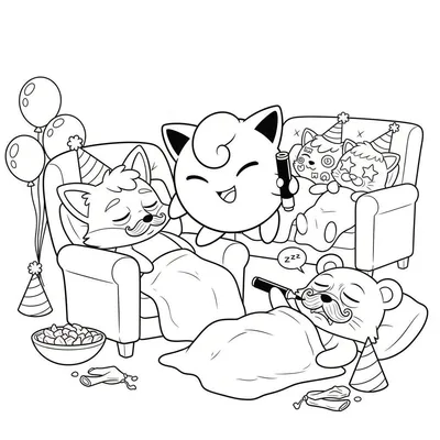 Zwart-wit illustratie van een slaapfeestje waarbij een wakker Jigglypuff snorren tekent op de gezichten van slapende dieren. Een vos, twee katten, en een beer liggen onder dekens, dragen feesthoedjes, en hebben al snorren. De kamer is versierd met ballonnen, feesttoeters en snacks.