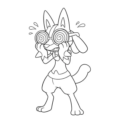 Zwart-wit kleurplaat van een Lucario-achtig figuur in schok, met grote spiraalbril, handen voor het gezicht en zweetdruppels.