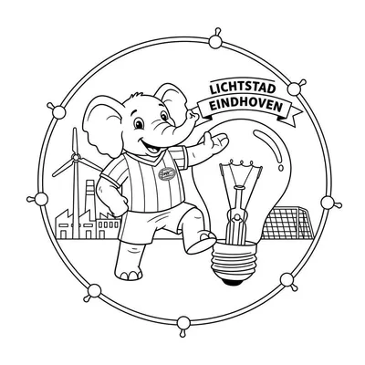 Kleurplaat van een vrolijke olifant in voetbaltenue die op een gloeilamp staat, met de skyline van Eindhoven inclusief windturbine, een voetbaldoel en een spandoek 'LICHTSTAD EINDHOVEN'.