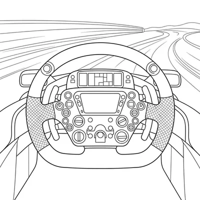 Zwart-wit lijntekening van een auto-interieur vanuit bestuurdersperspectief, met centraal een gedetailleerd stuurwiel, dashboard en een bochtige weg door de voorruit. Red Bull thema.