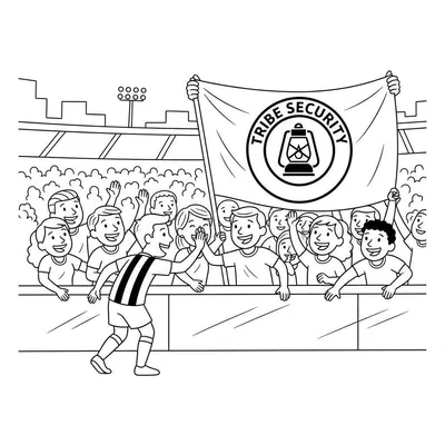 Zwart-wit lijntekening van Roda JC voetballer die high five geeft aan juichende fans bij de tribune, met 'TRIBE SECURITY' spandoek en stadion op de achtergrond.