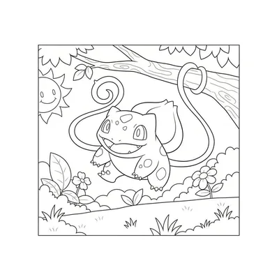 Zwart-wit kleurplaat van een lachende Bulbasaur met knol en ranken, omringd door een zonnige natuurlijke omgeving met een boomtak, bladeren en bloemen.