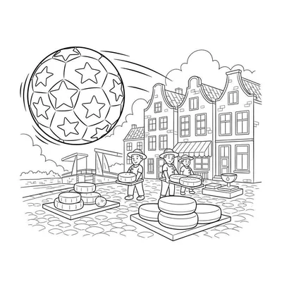Kleurplaat: Hollandse kaasmarkt met kaasdragers, traditionele huizen en een voetbal met sterren in de lucht, verwijzend naar AZ.